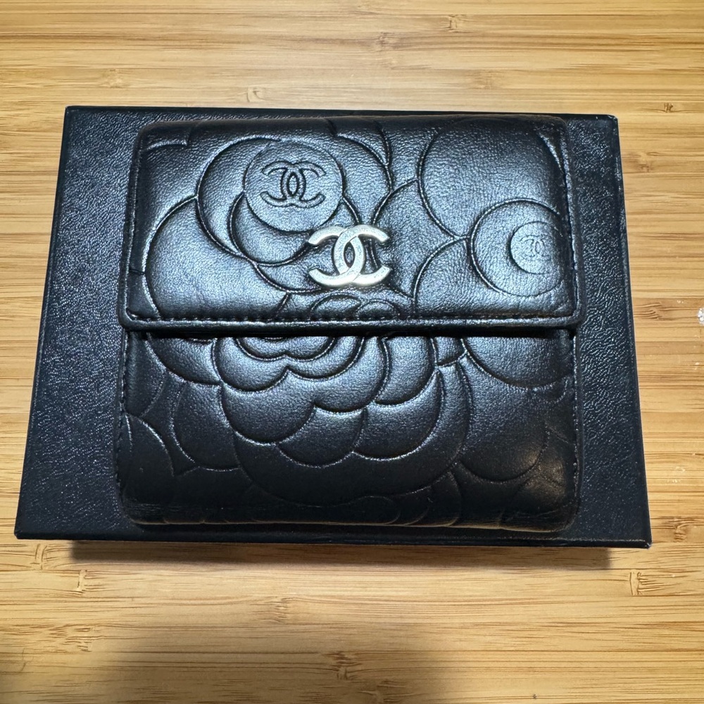 Chanel Black Lambskin Camellia double wallet